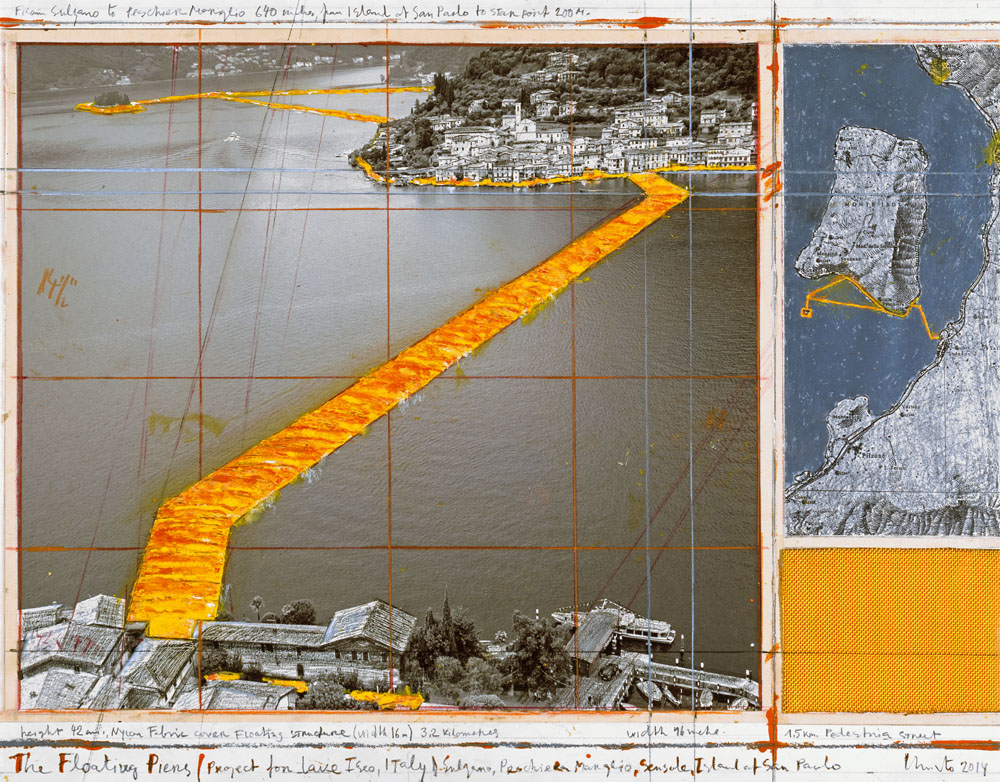 Christo The Floating Piers (Project for Lake Iseo, Italy) Collage 2014 17 x 22" (43.2 x 55.9 cm) Pencil, wax crayon, enamel paint, photograph by Wolfgang Volz, map, fabric sample and tape Photo: André Grossmann © 2014 Christo