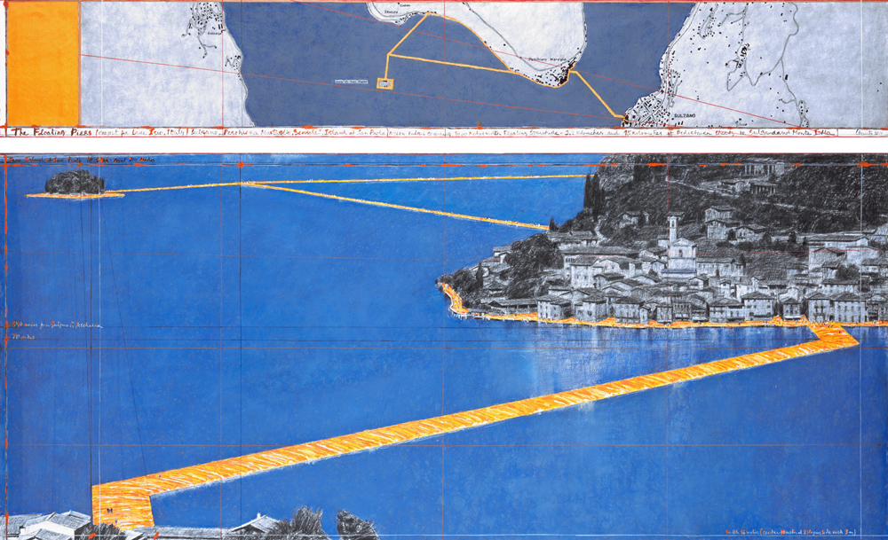 Christo The Floating Piers (Project for Lake Iseo, Italy) Drawing 2014 in two parts 15 x 96" and 42 x 96" (38 x 244 cm and 106.6 x 244 cm) Pencil, charcoal, pastel, wax crayon, enamel paint, hand-drawn map, cut-out photographs by Wolfgang Volz, fabric sample and tape Photo: André Grossmann © 2014 Christo