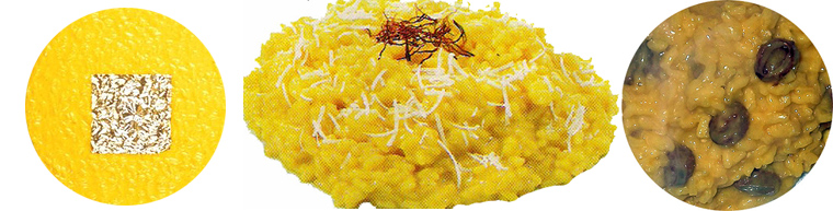  1980´ernes italienske madguru Gualtiero Marchesi serverer stadig Risotto med bladguld. Nogle mener ikke en gul risotto er ægte, hvis der ikke er hele safranstykker - krokos støvdragere - ovenpå eller i retten. Til højre Monza-risotto med stykker af Salasicciapølse.